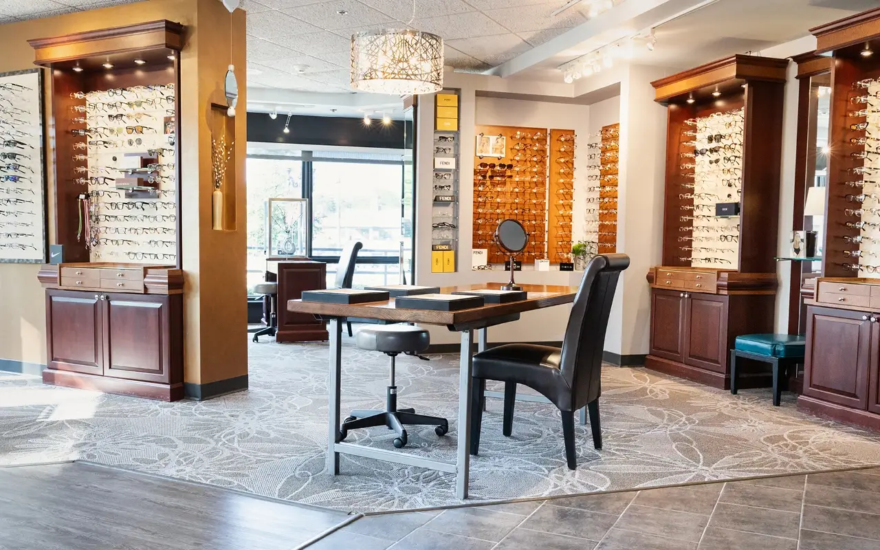 Eyeglasses display at Barrington Eye Care office.