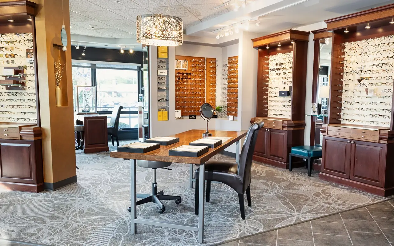 Eyeglasses display at Barrington Eye Care office.