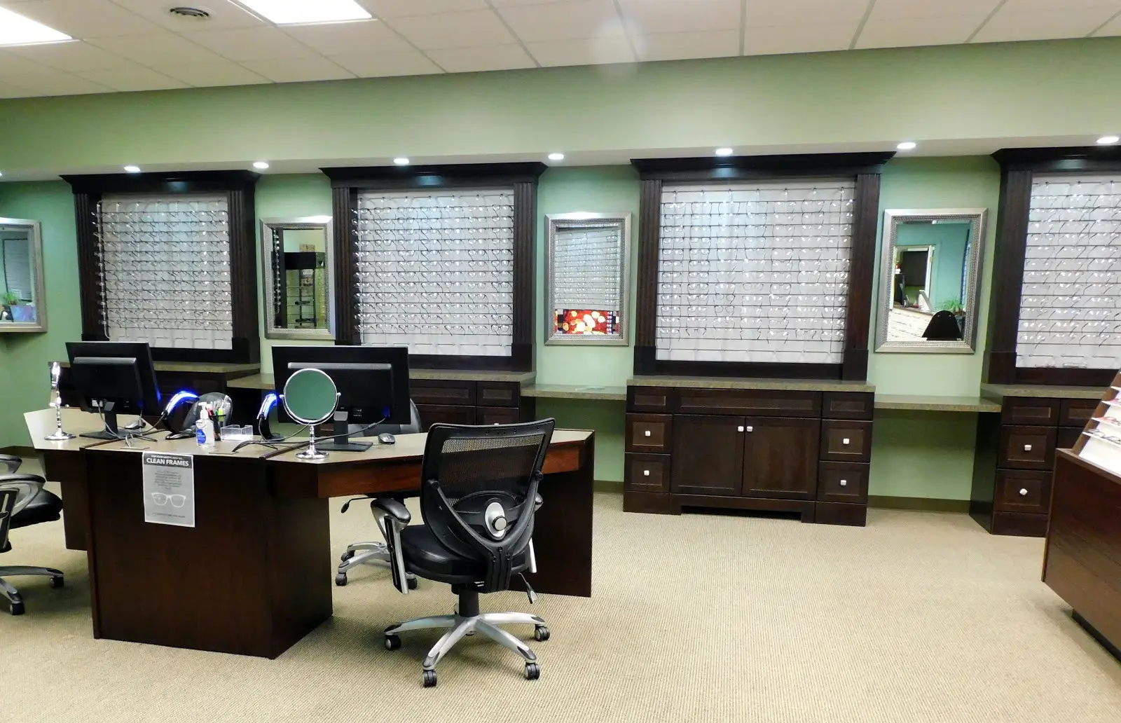 Office and glasses display of Shawnee Optical in Findlay