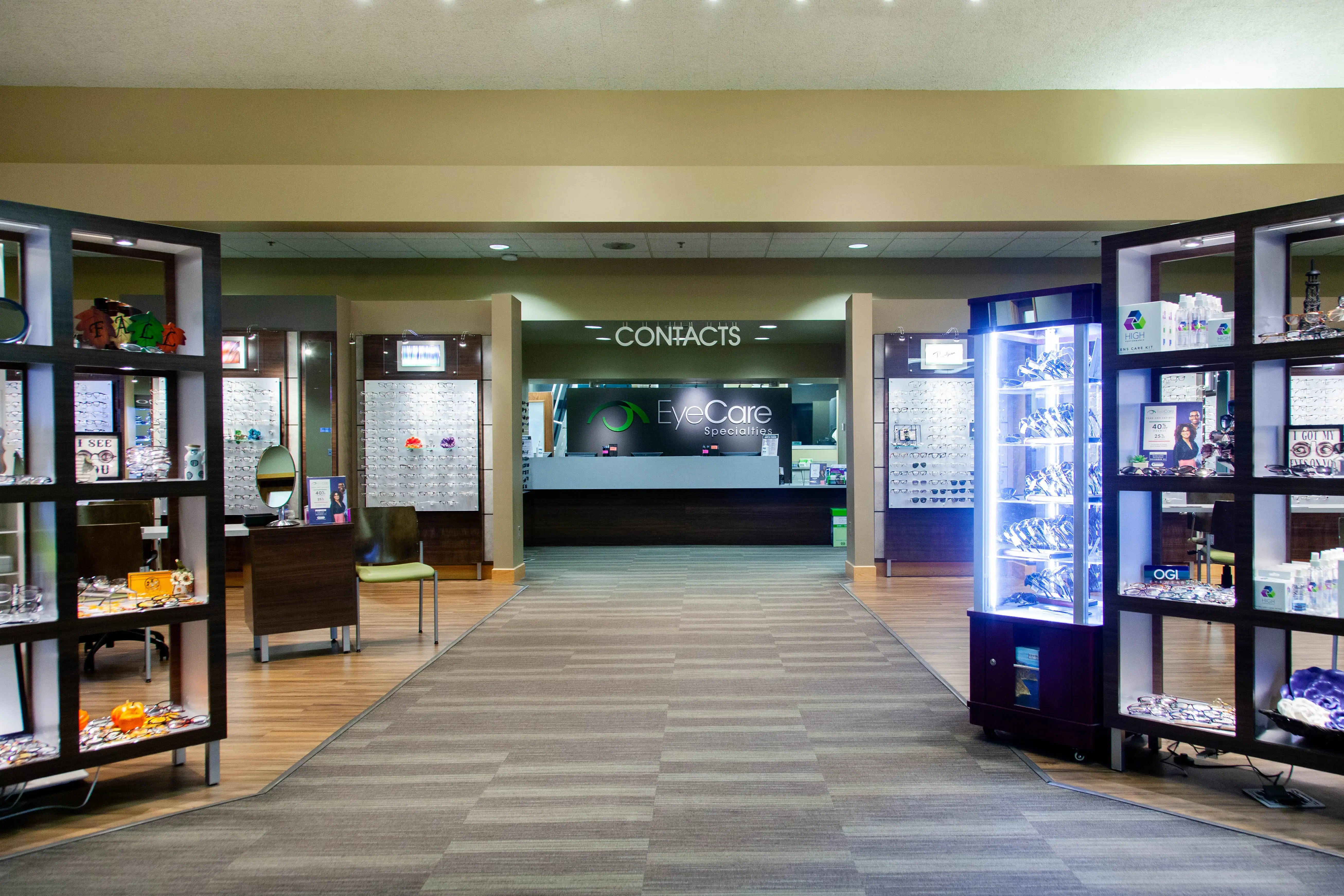 Dispensary with glasses display and seating at O Street EyeCare Specialties.