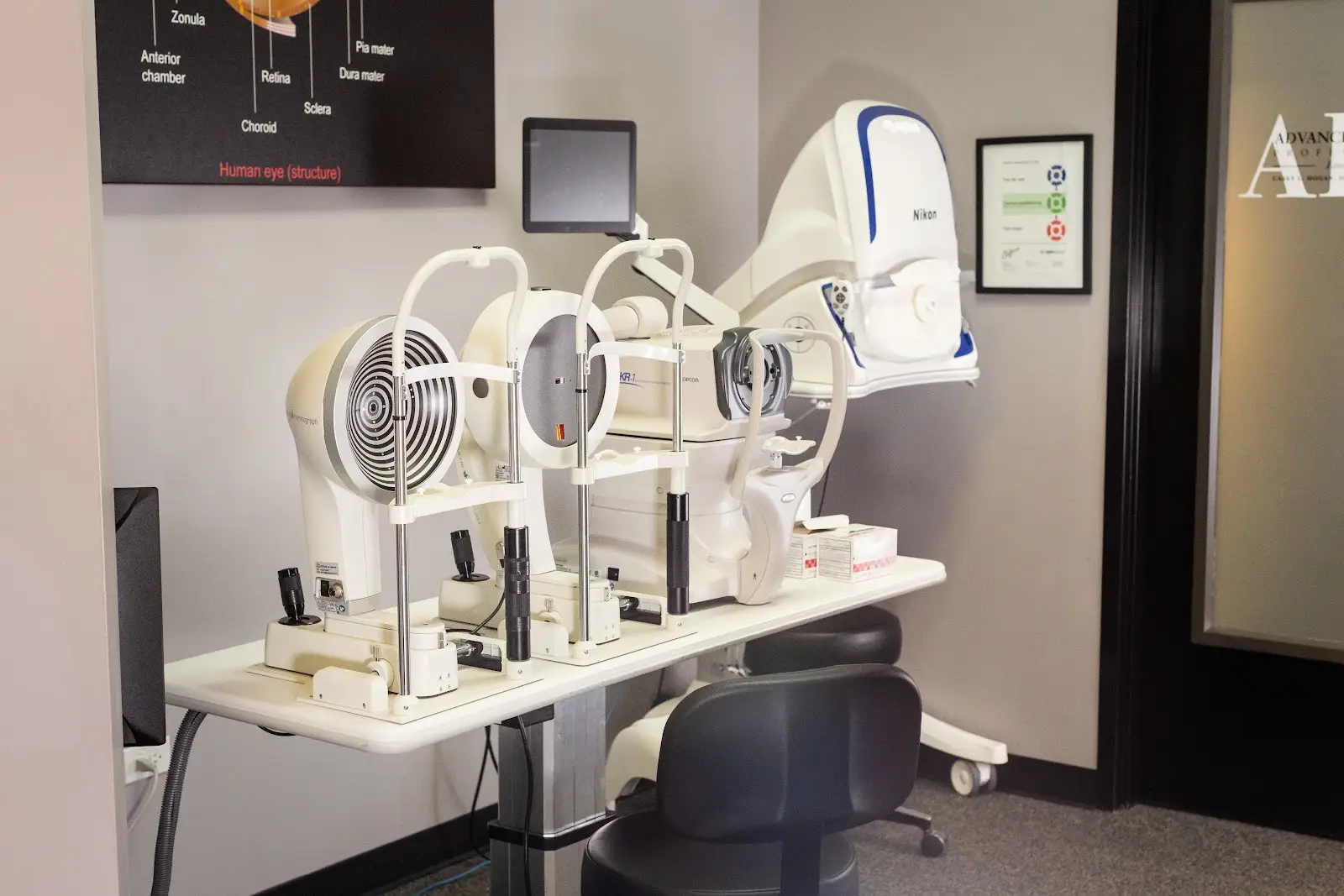 Advanced Eye Care Professionals eye exam room with medical eye equipment.
