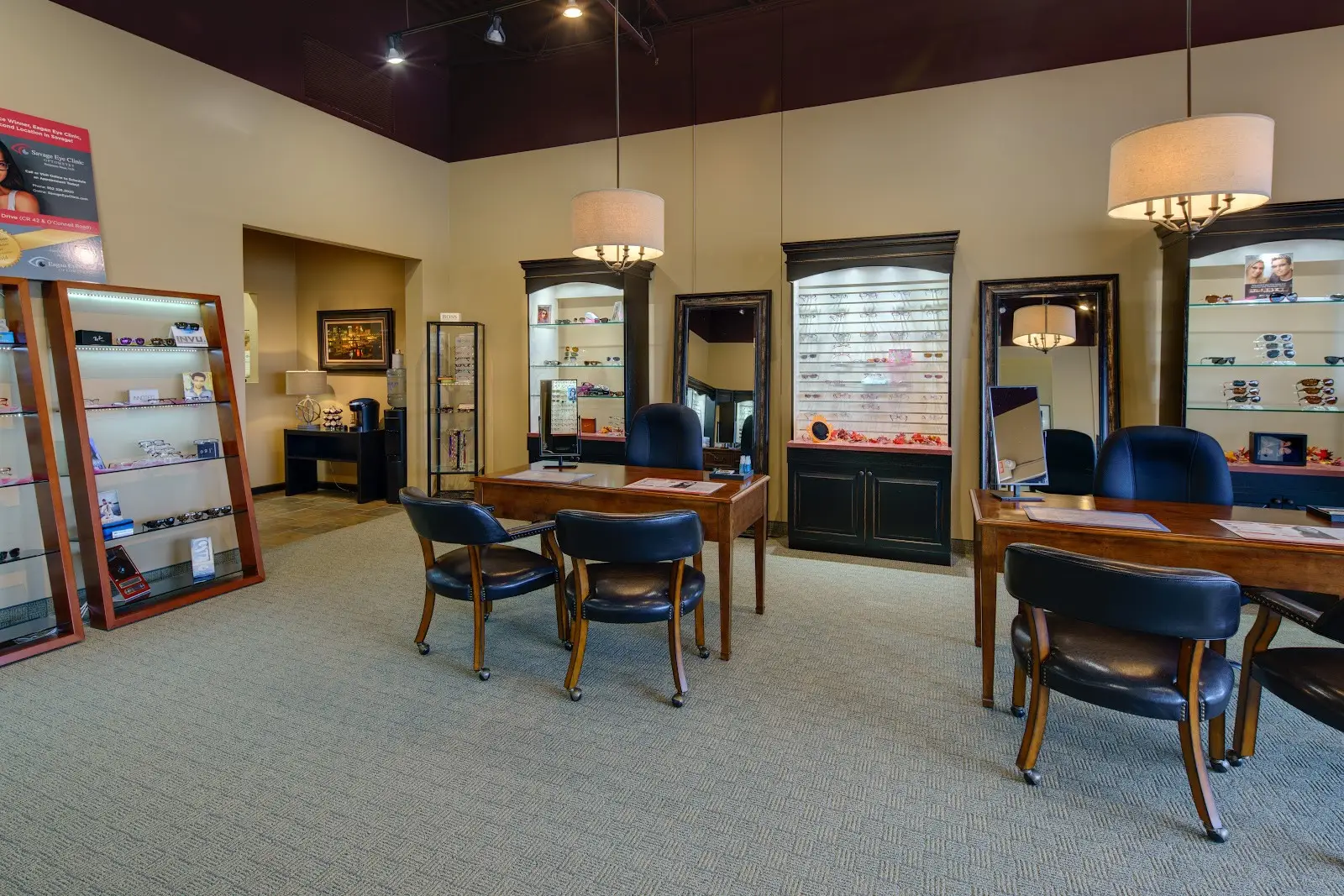 Savage Eye Clinic eyewear display at 5809 Egan Drive.