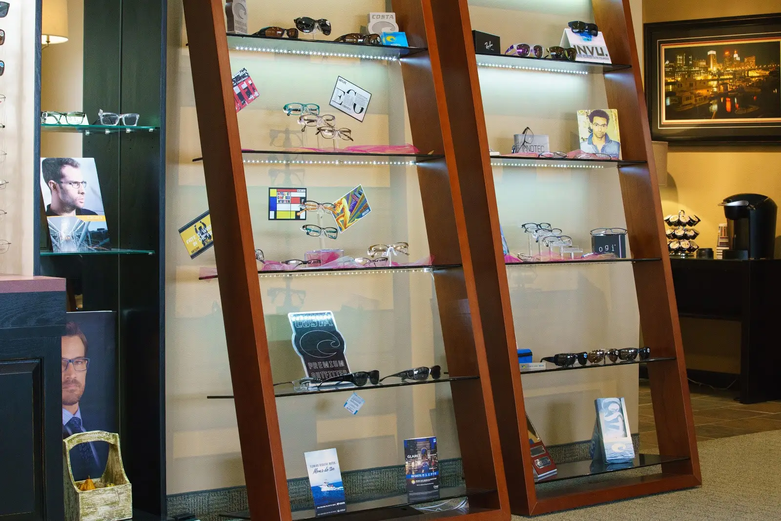 Eyewear display at Savage Eye Clinic.