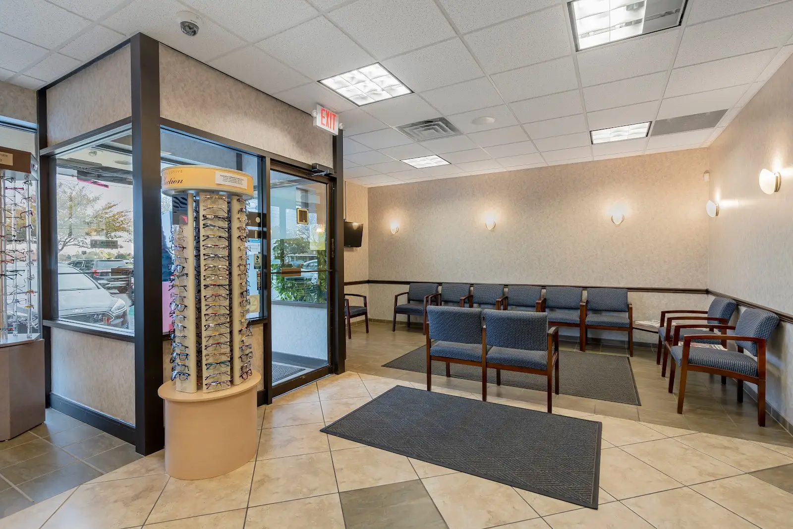 Eyewear display and waiting room at Maumee Bay Vision Center.