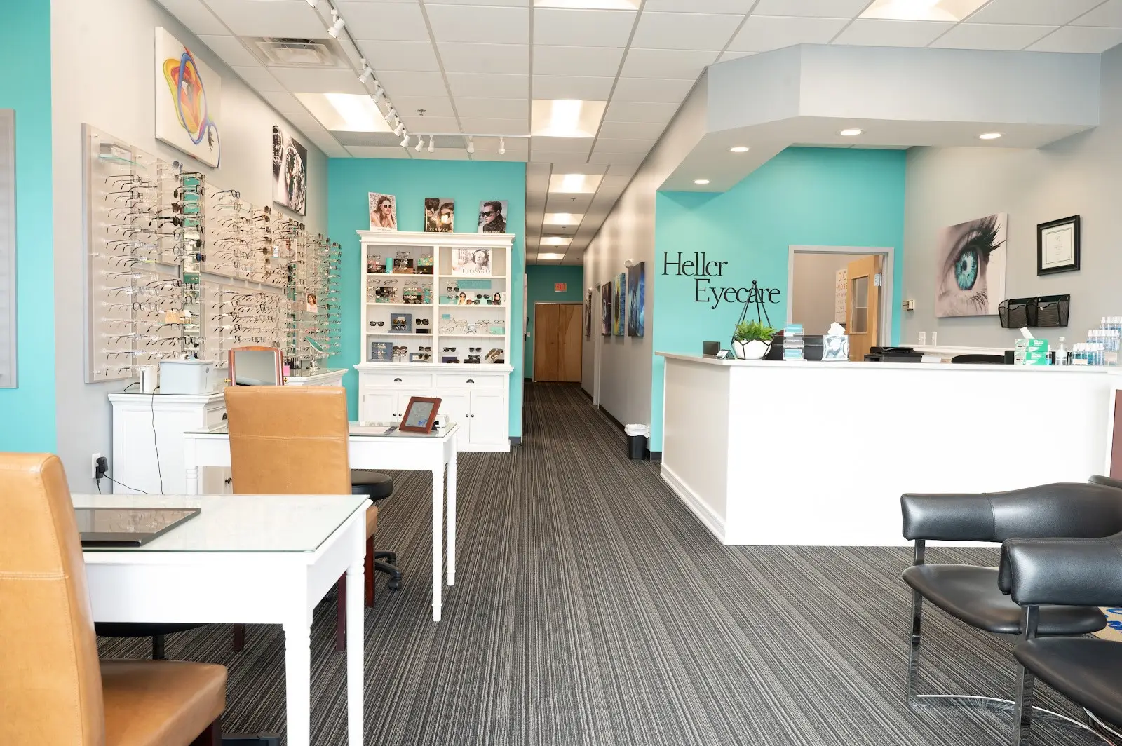 Front desk and eyeglasses display at Heller Eyecare.