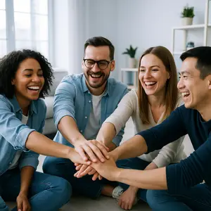 Four people sitting on the floor and holding hands, smiling.