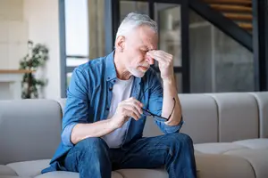 An older man sitting on a couch with his head in his hand