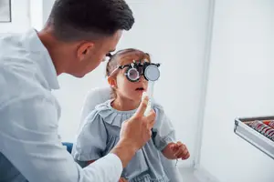 An ophthalmologist examines a young girl's eyes with an ophthalmoscope.