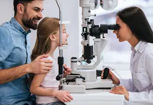 A girl is having an eye test by an optometrist in a clinic