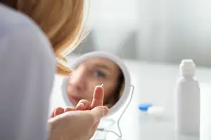 A woman with blonde hair is looking at her contact lens in a mirror.