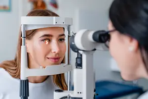 A woman having her eyes examined by an eye doctor.