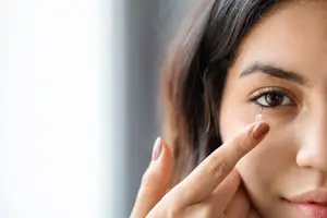 A woman wearing a contact lens and touching her eye