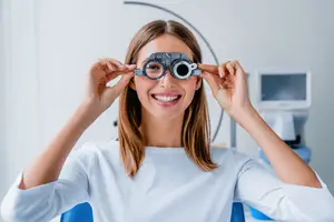 A woman wearing a white shirt is holding a magnifying glass in front of her eyes while smiling in a room.