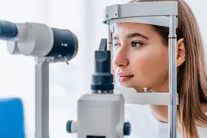 Woman looking into an eye examination machine