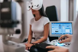 A woman in a white shirt is sitting in a chair and wearing a white eye mask while a person wearing a white shirt is adjusting a machine in front of her