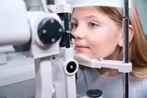 A young girl is using an ophthalmoscope at the clinic to check her eyes.