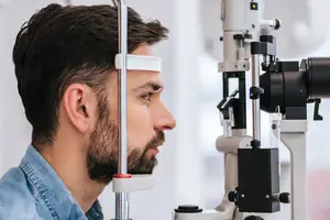 A man wearing a denim shirt and a beard is looking into an ophthalmoscope machine.