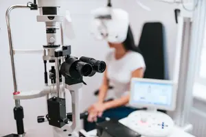 A woman sits in an optometrist's office, wearing a white mask, while a medical device is in front of her.