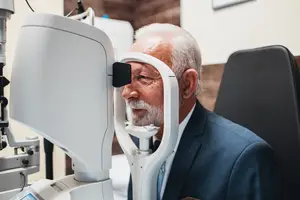 An old man with a white beard wearing a suit and tie is sitting in front of an eye test machine.