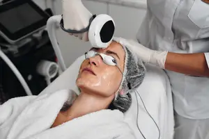 A woman is getting laser treatment in a beauty salon while wearing a hairnet and goggles with a white cloth covering her face.