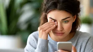 A woman looking at her phone while holding her eye and having a surprised look on her face
