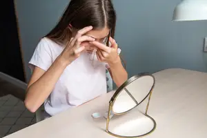 A young girl sitting on a chair and putting on her contact lenses in front of a mirror