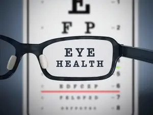 An eyeglass lens with the word Eye Health in the middle of the lens in front of an eye chart.