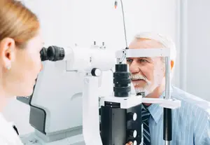 An older man having an eye examination with a woman doctor looking into a machine