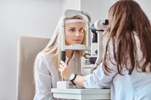 Woman undergoing eye examination by another woman in a white lab coat in an exam room.