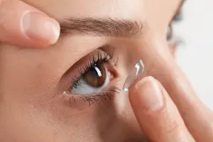 woman putting in a contact lens