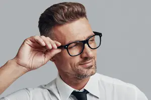A man is adjusting his glasses while smiling and looking at something.