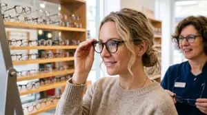 A woman trying on glasses at an optician with a smiling optician beside her.