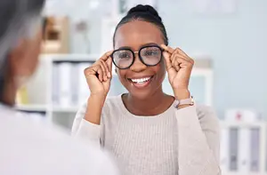 Woman trying on new glasses in an optical store