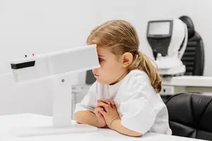 A girl wearing a white shirt is sitting on a chair and looking at a machine that is connected to a monitor on a table