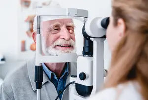An elderly man is having his eyes examined by a doctor in an office room.