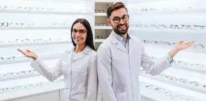 two optometrists smiling and looking at the camera in a room full of glasses