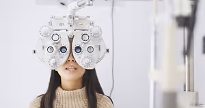A young woman with long hair is looking through a pair of eyeglasses with a white frame and blue lenses, she is smiling and seems to be in a room with a white wall and a white ceiling.