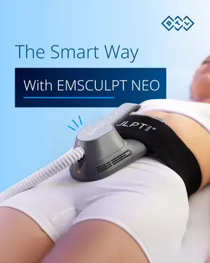 A woman lying on a bed with a device attached to her stomach labeled EMSCULPT NEO by JLPT.