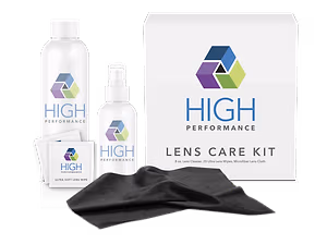 High Performance Lens Care Kit contains a lens cleaner, lens wipes, and microfiber cloth.