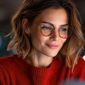 Close up of a woman wearing a red sweater and red-framed glasses smiling at the camera