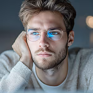 Close-up of a man with beard wearing glasses and a white sweater