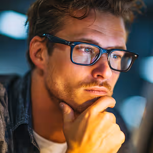 man wearing glasses thinking while looking at a computer screen