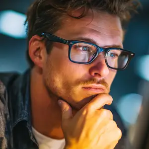 man wearing glasses thinking while looking at a computer screen