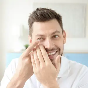 A man in a white shirt smiles while adjusting a contact lens in his eye