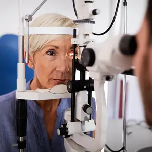 An older woman having an eye exam with a white and black eye machine