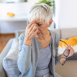 A lady with glasses, sitting on a couch, and looking at something with her eyes closed.