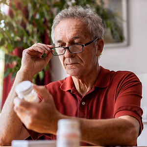 An older man in a red polo shirt is looking at a bottle of pills in his hand.