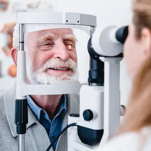 An elderly man is looking into an eye examination machine while a woman looks on in the background