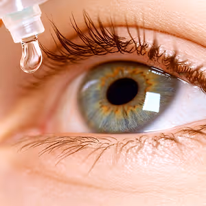 A close-up view of a person's eye with a drop of medicine being applied