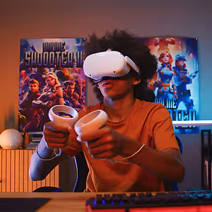 A boy wearing a virtual reality headset and holding game controllers while playing a video game.